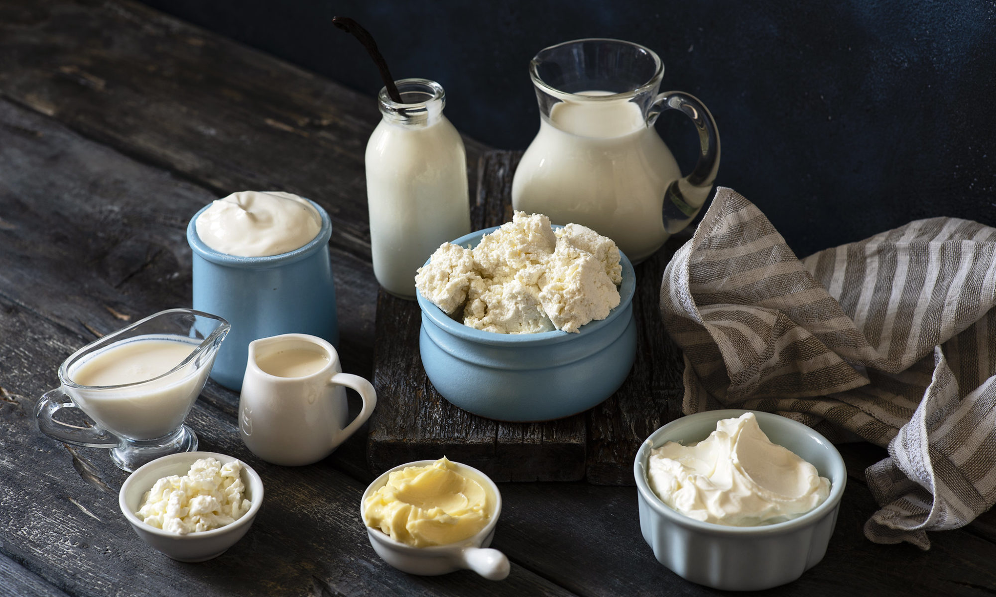 Picture of dairy products on brown table