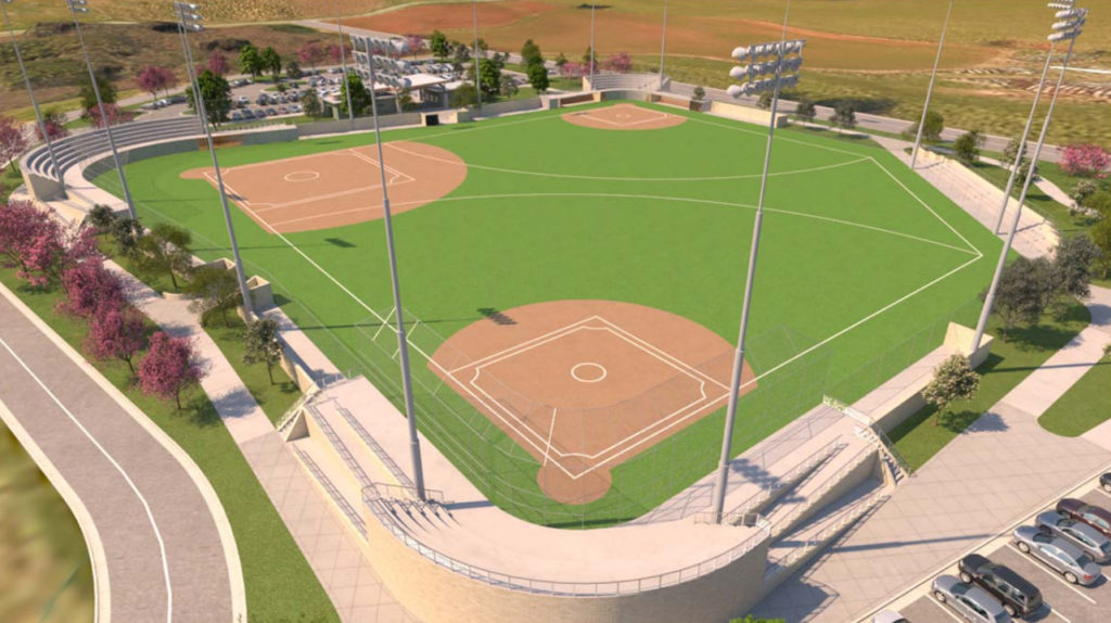 A computerized concept drawing of the Athletic Research and Performance Center ball field 