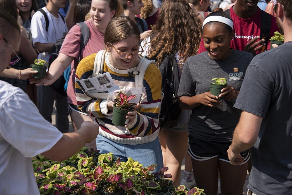 Students pick up small potted plants during the event