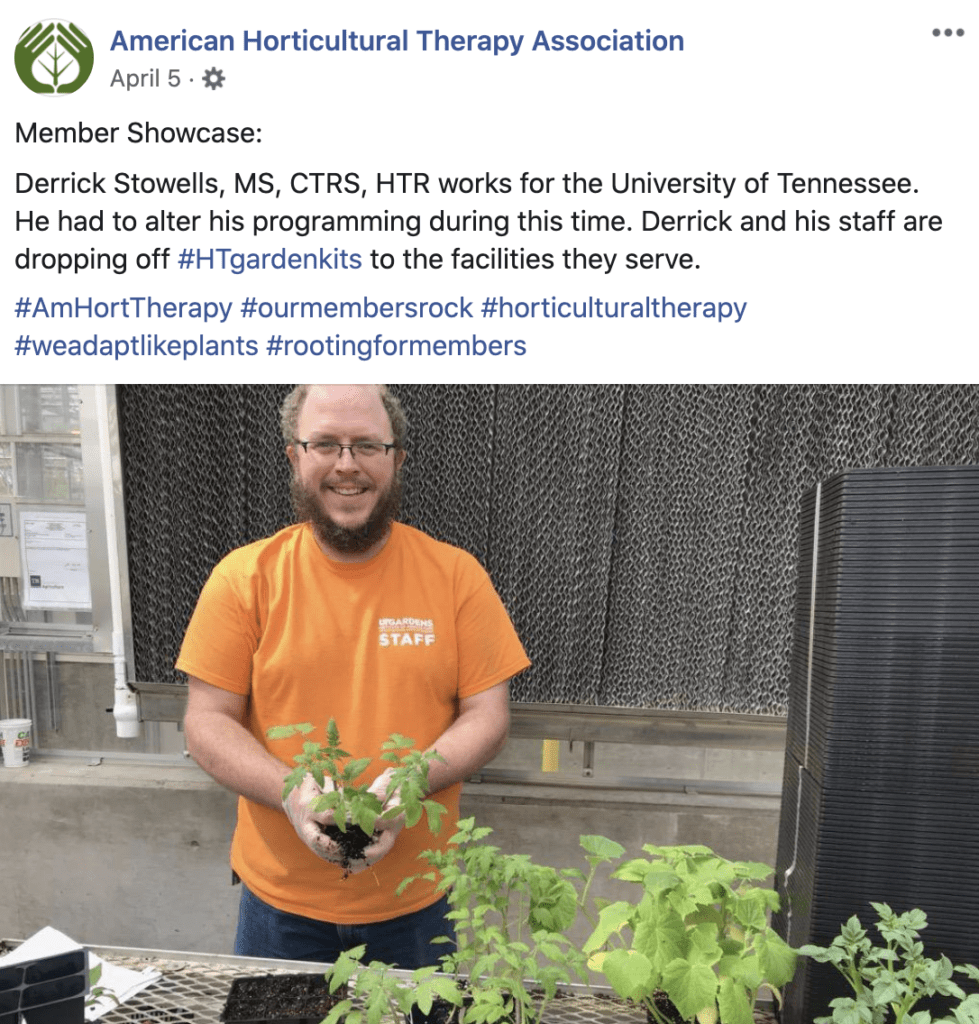A screen capture of a Facebook post, showing Derrick Stowell holding a small plant
