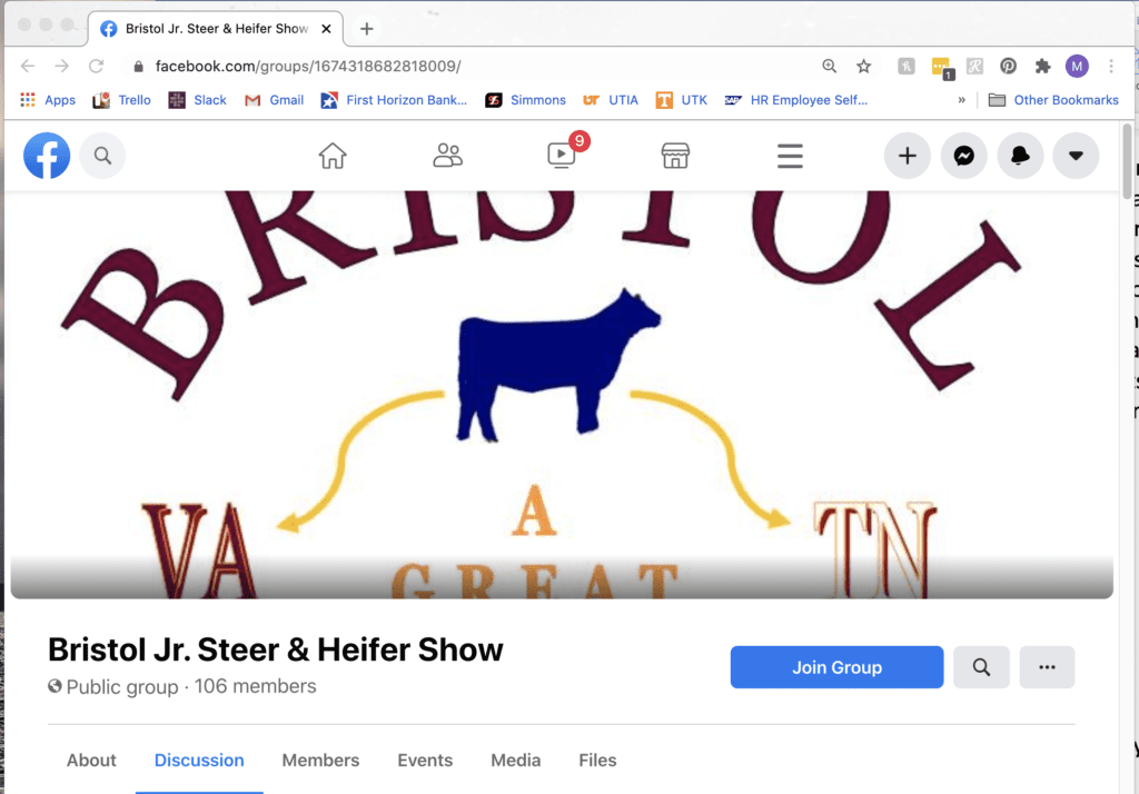 A screen capture of the Bristol Jr. Steer and Heifer Show Facebook group