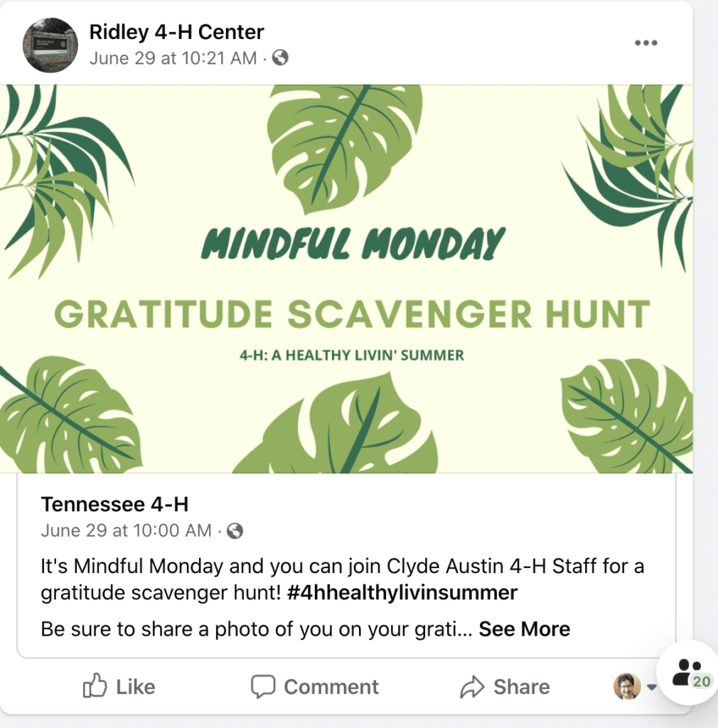 A screen capture of the Ridley 4-H Center's Facebook page advertising a Mindful Monday scavenger hunt